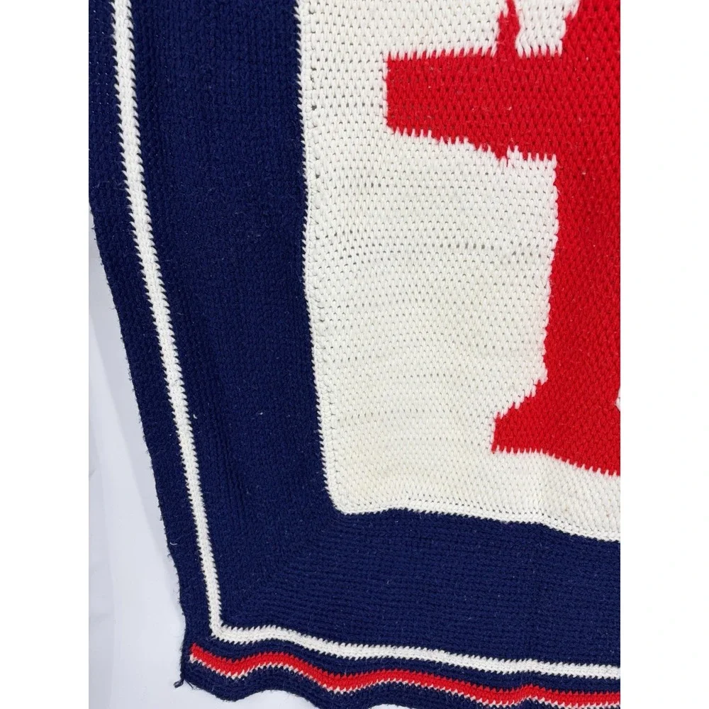 Vintage Handmade Crochet Knit Baby Blanket Airplane Red White Blue 44